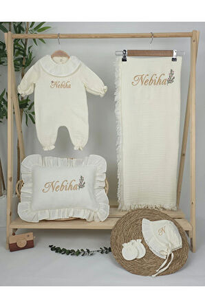 Müslin Yeni Doğan 4Katlı Organik %100Pamuk Kişiye Özgü Nakışlı Hastane Çıkış Seti (Dallı Papatya)