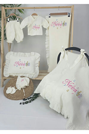 Müslin Yeni Doğan 4Katlı Organik %100Pamuk Kişiye Özgü Nakışlı Hastane Çıkış Seti (Nota Model)