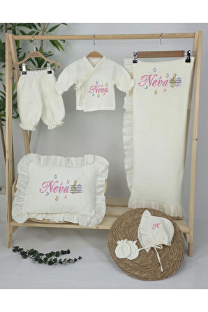 Müslin Yeni Doğan 4Katlı Organik %100Pamuk Kişiye Özgü Nakışlı Hastane Çıkış Seti (Nota Model)