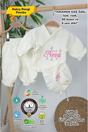 Müslin Yeni Doğan 4Katlı Organik %100Pamuk Kişiye Özgü Nakışlı Hastane Çıkış Seti (Nota Model)