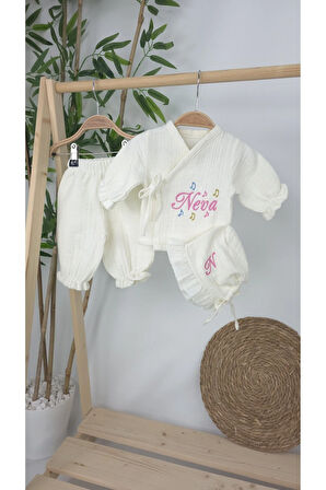 Müslin Yeni Doğan 4Katlı Organik %100Pamuk Kişiye Özgü Nakışlı Hastane Çıkış Seti (Nota Model)