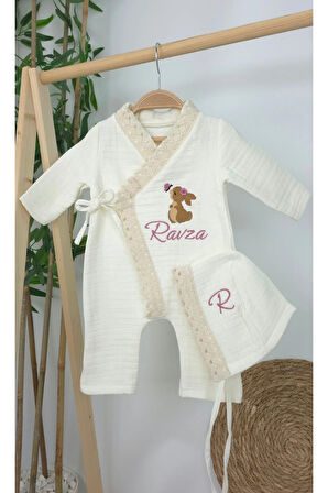 Müslin Yeni Doğan 4Katlı Organik %100Pamuk Kişiye Özgü Nakışlı Hastane Çıkış Seti (Tavşan Model-5)