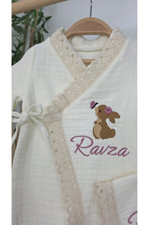Müslin Yeni Doğan 4Katlı Organik %100Pamuk Kişiye Özgü Nakışlı Hastane Çıkış Seti (Tavşan Model-5)