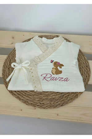 Müslin Yeni Doğan 4Katlı Organik %100Pamuk Kişiye Özgü Nakışlı Hastane Çıkış Seti (Tavşan Model-5)