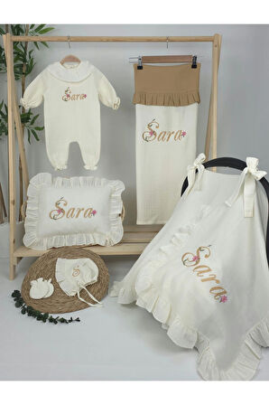 Müslin Yeni Doğan 4Katlı Organik %100Pamuk Kişiye Özgü Nakışlı Hastane Çıkış Seti (Papatya Model-13)