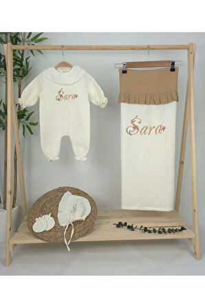 Müslin Yeni Doğan 4Katlı Organik %100Pamuk Kişiye Özgü Nakışlı Hastane Çıkış Seti (Papatya Model-13)