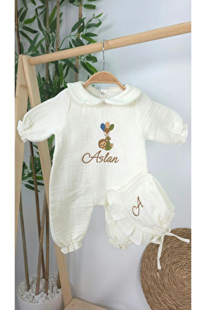 Müslin Yeni Doğan 4Katlı Organik %100Pamuk Kişiye Özgü Nakışlı Hastane Çıkış Seti-Aslan Model