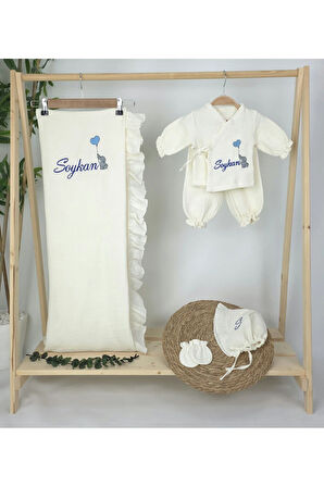 Müslin Yeni Doğan 4Katlı Organik %100Pamuk Kişiye Özgü Nakışlı Hastane Çıkış Seti (Filli Model-2)