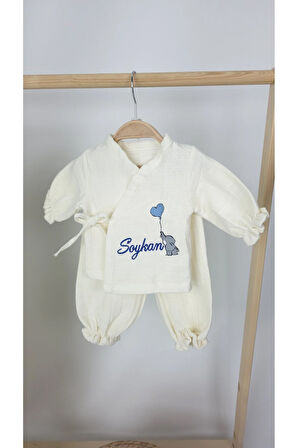 Müslin Yeni Doğan 4Katlı Organik %100Pamuk Kişiye Özgü Nakışlı Hastane Çıkış Seti (Filli Model-2)