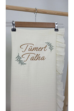 Müslin Yeni Doğan 4Katlı Organik %100Pamuk Kişiye Özgü Nakışlı Hastane Çıkış Seti(İki Dallı Model-2)