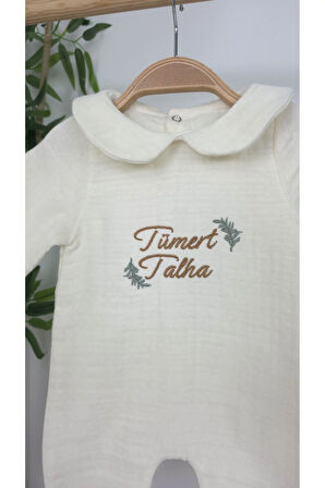 Müslin Yeni Doğan 4Katlı Organik %100Pamuk Kişiye Özgü Nakışlı Hastane Çıkış Seti(İki Dallı Model-2)