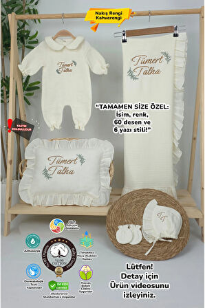 Müslin Yeni Doğan 4Katlı Organik %100Pamuk Kişiye Özgü Nakışlı Hastane Çıkış Seti(İki Dallı Model-2)