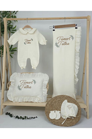 Müslin Yeni Doğan 4Katlı Organik %100Pamuk Kişiye Özgü Nakışlı Hastane Çıkış Seti(İki Dallı Model-2)