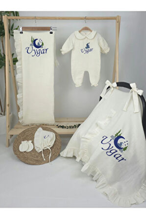 Müslin Yeni Doğan 4Katlı Organik %100Pamuk Kişiye Özgü Nakışlı Hastane Çıkış Seti (Kurt Model-2)