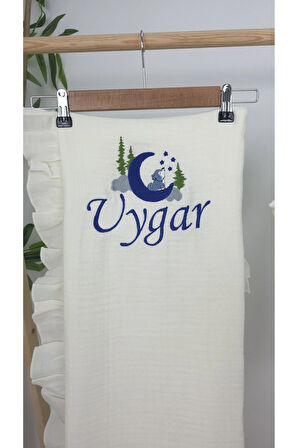 Müslin Yeni Doğan 4Katlı Organik %100Pamuk Kişiye Özgü Nakışlı Hastane Çıkış Seti (Kurt Model-2)