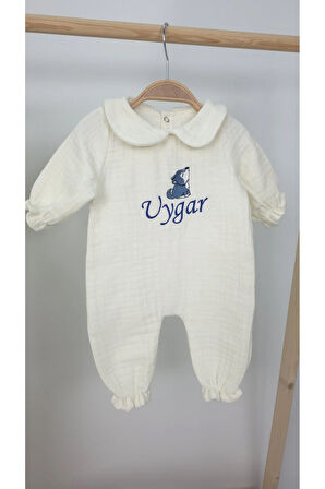 Müslin Yeni Doğan 4Katlı Organik %100Pamuk Kişiye Özgü Nakışlı Hastane Çıkış Seti (Kurt Model-2)