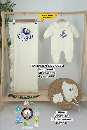 Müslin Yeni Doğan 4Katlı Organik %100Pamuk Kişiye Özgü Nakışlı Hastane Çıkış Seti (Kurt Model-2)