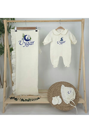 Müslin Yeni Doğan 4Katlı Organik %100Pamuk Kişiye Özgü Nakışlı Hastane Çıkış Seti (Kurt Model-2)