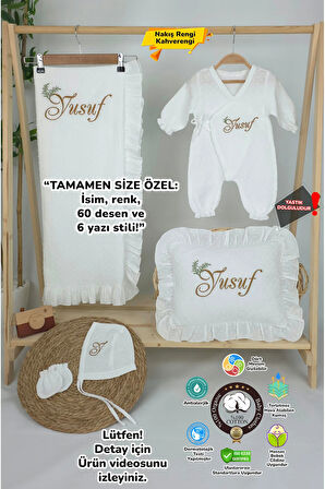 Müslin Yeni Doğan 2Katlı Organik %100Pamuk Kişiye Özgü Nakışlı Hastane Çıkış Seti(İkili Dal Model-3)