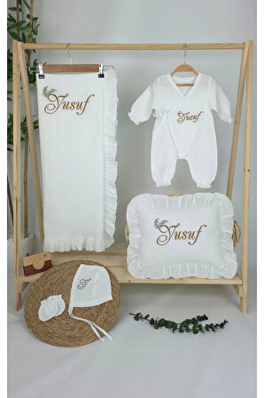 Müslin Yeni Doğan 2Katlı Organik %100Pamuk Kişiye Özgü Nakışlı Hastane Çıkış Seti(İkili Dal Model-3)