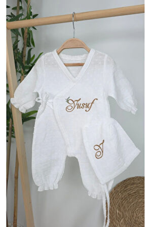 Müslin Yeni Doğan 2Katlı Organik %100Pamuk Kişiye Özgü Nakışlı Hastane Çıkış Seti(İkili Dal Model-3)