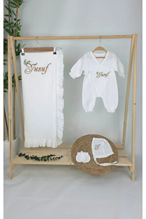 Müslin Yeni Doğan 2Katlı Organik %100Pamuk Kişiye Özgü Nakışlı Hastane Çıkış Seti(İkili Dal Model-3)