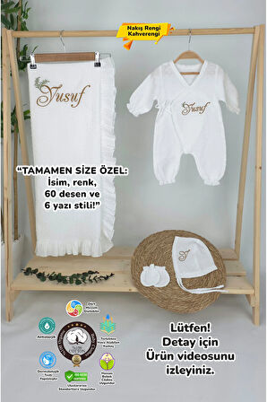 Müslin Yeni Doğan 2Katlı Organik %100Pamuk Kişiye Özgü Nakışlı Hastane Çıkış Seti(İkili Dal Model-3)