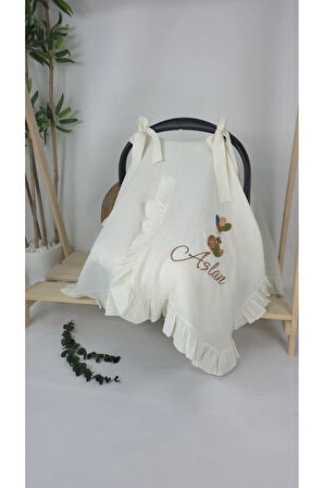 Müslin Yeni Doğan 4Katlı Organik %100Pamuk Kişiye Özgü Nakışlı Hastane Çıkış Seti-Aslan Model