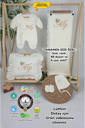 Müslin Yeni Doğan 4Katlı Organik %100Pamuk Kişiye Özgü Nakışlı Hastane Çıkış Seti(İki Dallı Model-4)