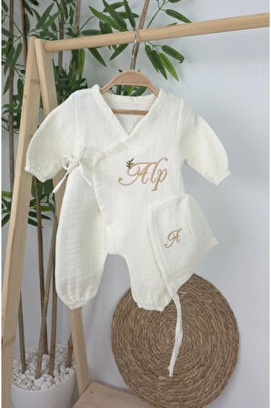 Müslin Yeni Doğan 4Katlı Organik %100Pamuk Kişiye Özgü Nakışlı Hastane Çıkış Seti(İki Dallı Model-4)