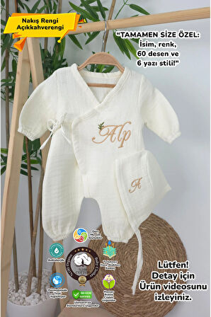 Müslin Yeni Doğan 4Katlı Organik %100Pamuk Kişiye Özgü Nakışlı Hastane Çıkış Seti(İki Dallı Model-4)