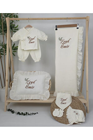 Müslin Yeni Doğan 4Katlı Organik %100Pamuk Kişiye Özgü Nakışlı Hastane Çıkış Seti(İkili Dal Model-5)