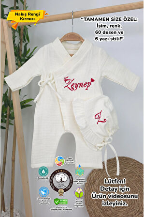 Müslin Yeni Doğan 4Katlı Organik %100Pamuk Kişiye Özgü Nakışlı Hastane Çıkış Seti(Kalpli Model-7)