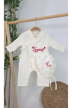 Müslin Yeni Doğan 4Katlı Organik %100Pamuk Kişiye Özgü Nakışlı Hastane Çıkış Seti(Kalpli Model-7)