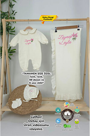 Müslin Yeni Doğan 4Katlı Organik %100Pamuk Kişiye Özgü Nakışlı Hastane Çıkış Seti (Lavanta Model-2)