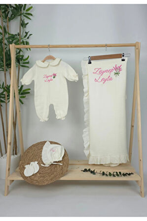 Müslin Yeni Doğan 4Katlı Organik %100Pamuk Kişiye Özgü Nakışlı Hastane Çıkış Seti (Lavanta Model-2)