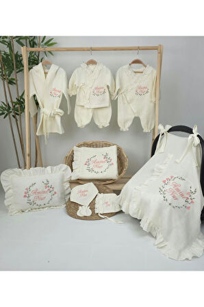 Müslin Yeni Doğan 4Katlı Organik %100Pamuk Kişiye Özgü Nakışlı Hastane Çıkış Seti (Çiçek Model-2)