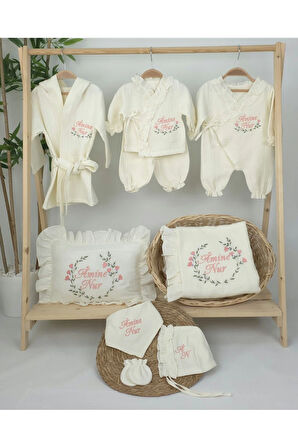 Müslin Yeni Doğan 4Katlı Organik %100Pamuk Kişiye Özgü Nakışlı Hastane Çıkış Seti (Çiçek Model-2)