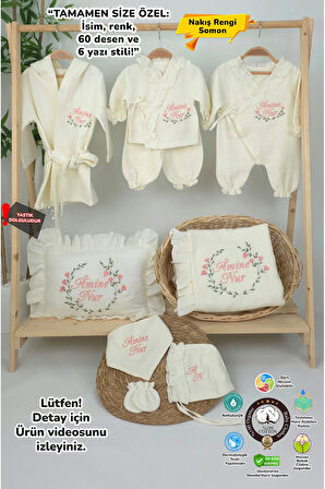 Müslin Yeni Doğan 4Katlı Organik %100Pamuk Kişiye Özgü Nakışlı Hastane Çıkış Seti (Çiçek Model-2)