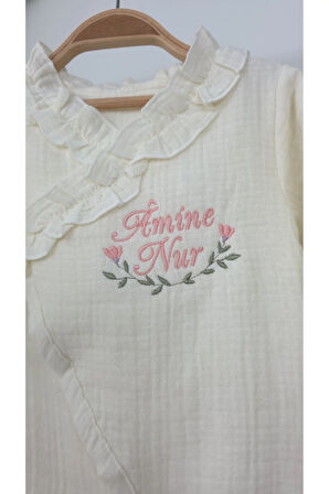 Müslin Yeni Doğan 4Katlı Organik %100Pamuk Kişiye Özgü Nakışlı Hastane Çıkış Seti (Çiçek Model-2)