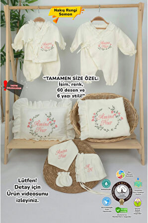 Müslin Yeni Doğan 4Katlı Organik %100Pamuk Kişiye Özgü Nakışlı Hastane Çıkış Seti (Çiçek Model-2)