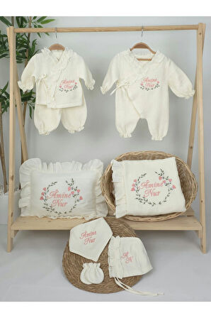 Müslin Yeni Doğan 4Katlı Organik %100Pamuk Kişiye Özgü Nakışlı Hastane Çıkış Seti (Çiçek Model-2)