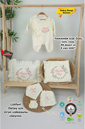 Müslin Yeni Doğan 4Katlı Organik %100Pamuk Kişiye Özgü Nakışlı Hastane Çıkış Seti (Çiçek Model-2)