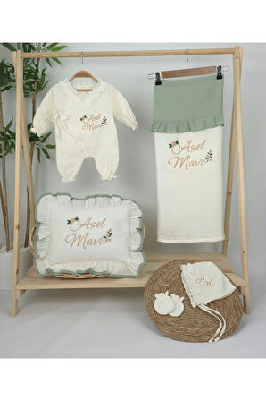 Müslin Yeni Doğan 4Katlı Organik %100Pamuk Kişiye Özgü Nakışlı Hastane Çıkış Seti (Güllü Model-5)