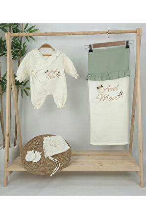 Müslin Yeni Doğan 4Katlı Organik %100Pamuk Kişiye Özgü Nakışlı Hastane Çıkış Seti (Güllü Model-5)