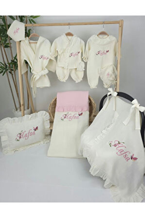 Müslin Yeni Doğan 4Katlı Organik %100Pamuk Kişiye Özgü Nakışlı Hastane Çıkış Seti(Kelebekli Papatya)