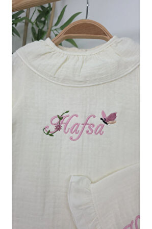 Müslin Yeni Doğan 4Katlı Organik %100Pamuk Kişiye Özgü Nakışlı Hastane Çıkış Seti(Kelebekli Papatya)