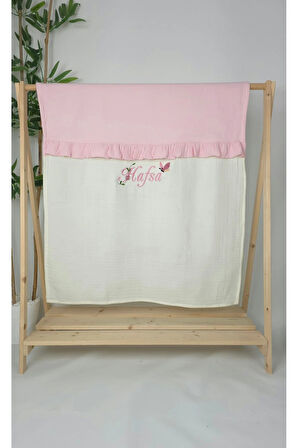 Müslin Yeni Doğan 4Katlı Organik %100Pamuk Kişiye Özgü Nakışlı Hastane Çıkış Seti(Kelebekli Papatya)