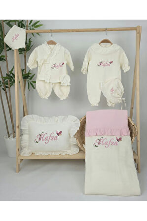 Müslin Yeni Doğan 4Katlı Organik %100Pamuk Kişiye Özgü Nakışlı Hastane Çıkış Seti(Kelebekli Papatya)