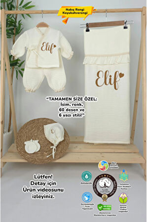 Müslin Yeni Doğan 4Katlı Organik %100Pamuk Kişiye Özgü Nakışlı Hastane Çıkış Seti (Kalpli Model-8)